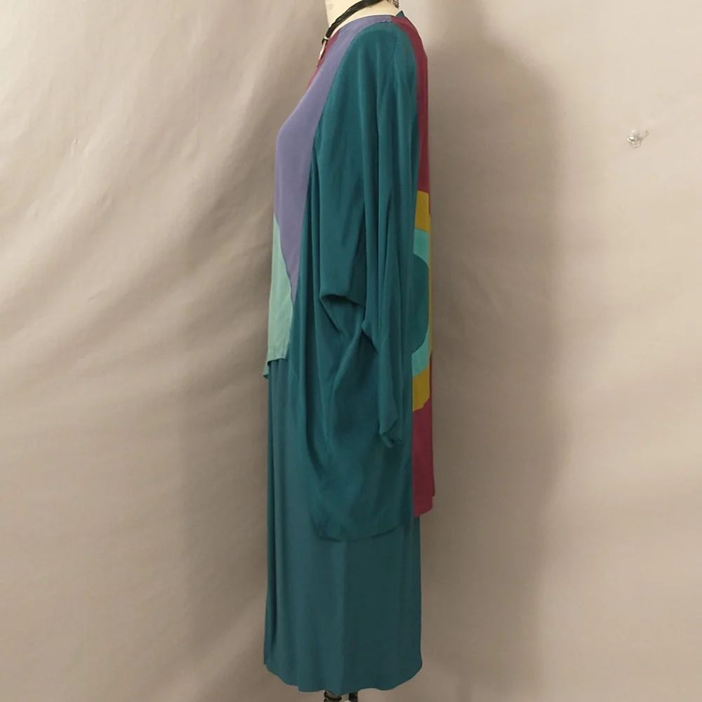 Vintage Silk Set Mod Design by Mosswear USA made Party Dress 80s / 90s Colorful - Picture 6 of 12